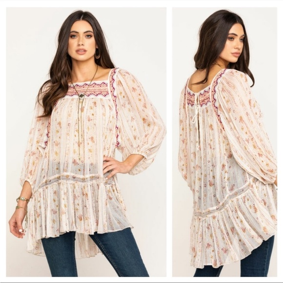 Free People Dance Magic Sheer Tunic Top Size Small Ivory Boho Embroidered Casual - Picture 1 of 13